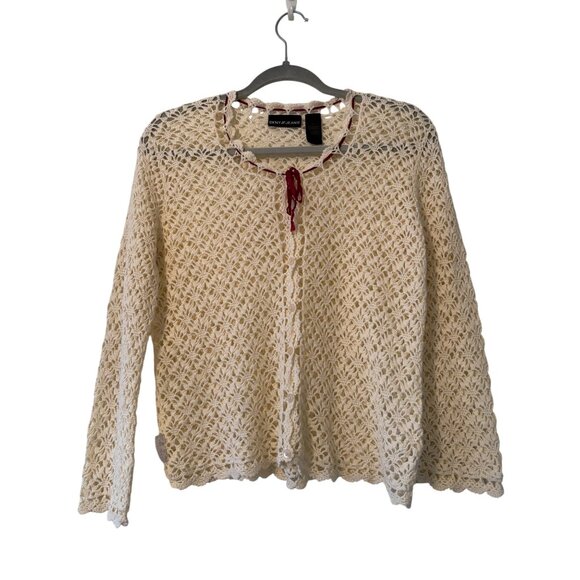 Vintage DKNY Jeans Ivory Crochet Lace Button Up Cardigan With Red Ribbon Tie - Picture 11 of 11